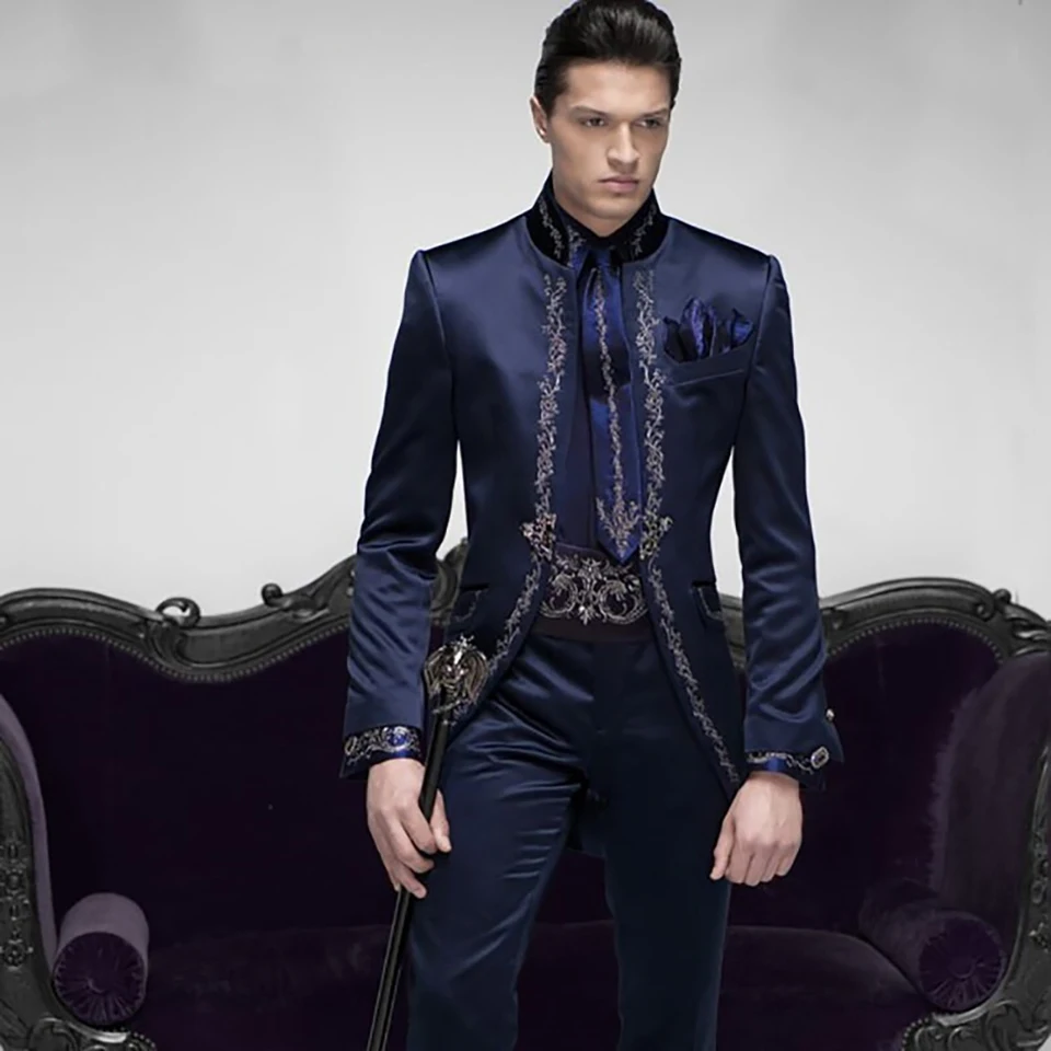 Talno -Made Talianska výšivka Navy Blue Men Suits Slim Fit Groom Prom 2 -dielny mužský sako luxusná značka bunda+nohavičky Terno