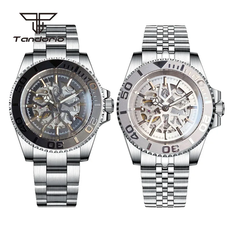 Tandorio Hollow Dial Dial NH70 Movt Skeleton 40 mm Automatické hodinky pre mužov Sapphire 120 kliknutia Rábový náramok z nehrdzavejúcej ocele Ráb