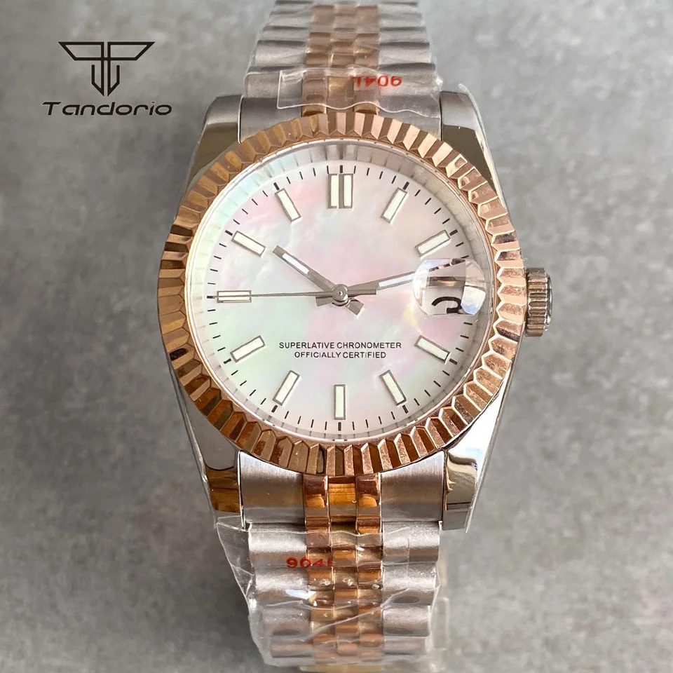 Tandorio Mop Dial NH35A Dvojročné automatické mechanické hodinky pre mužov Dátum Sapphire 36mm/39 mm ružové zlato potiahnuté náramky Luminát