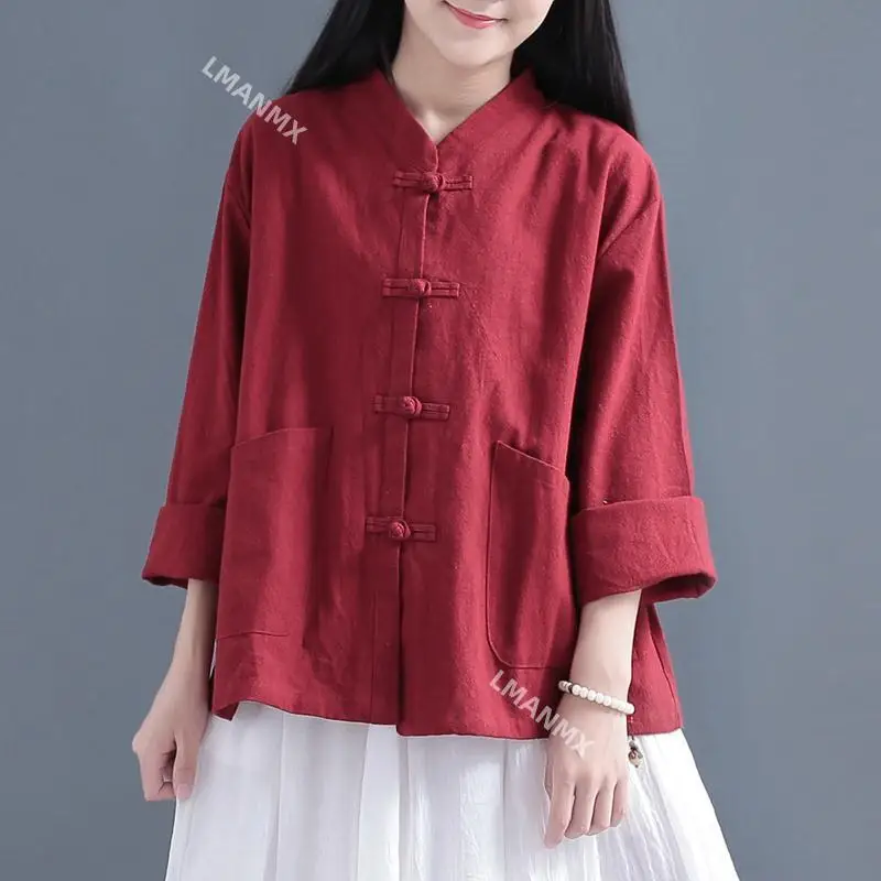 Tang Suit Linen Top Chinese Collar Mardigan Etnický štýl košeľa uvoľnené ženy Hanfu bavlnená bielizeň vinobranie tradičná kung -fu blúzka