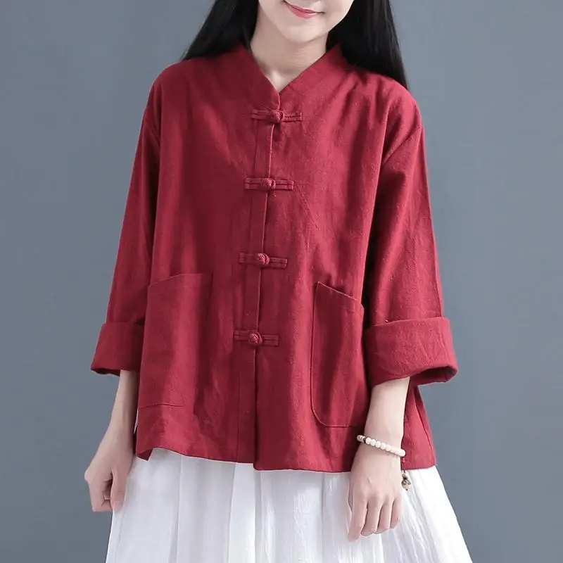 Tang Suit Linen Top Chinese Collar Mardigan Etnický štýl košeľa uvoľnené ženy Hanfu bavlnená bielizeň vinobranie tradičná kung -fu blúzka