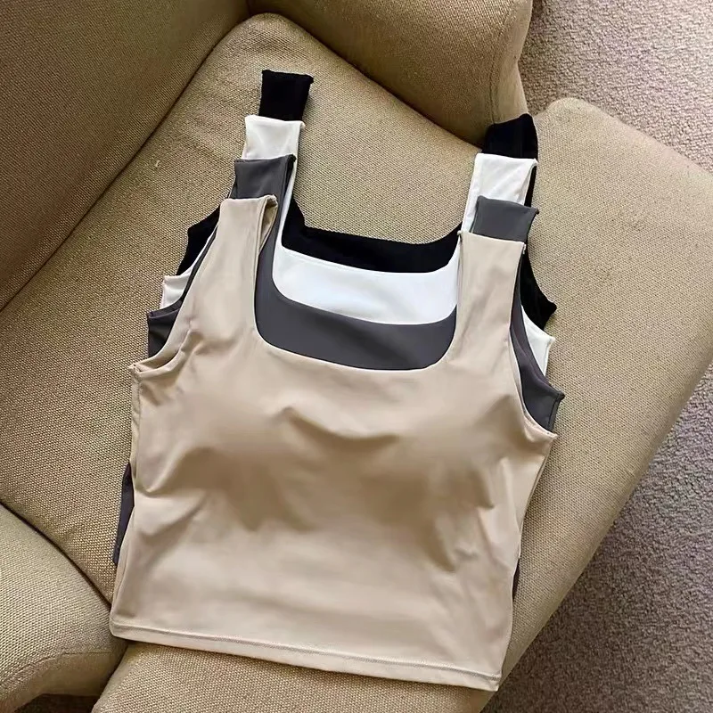 Tank s hodvábne hodvábne s vstavanou podprsenkou Top plodina Top Solid Color Športové spodná bielizeň bezšvový top samice čalúnené coASOLE
