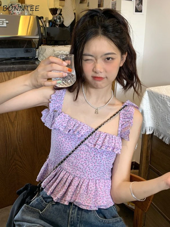 Tanky Ženy Kvetinové ruffles Slim Crop Tops Tops Sladké elegantné roztomilé dievčatá All-Match Sumy Sexy móda Kórejská топ женский Harajuku Nový
