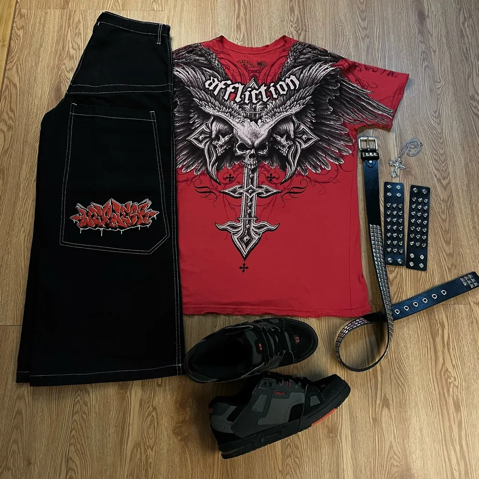 Tapout a Wexwear Suit Grafické vyšívané džínsy Harajuku y2k džínsy Tričko Tirk pre mužov Streetwear Black Skateboard Pants