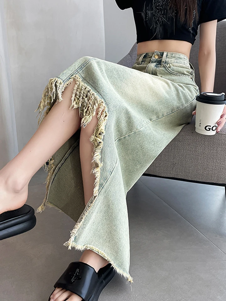 Tassel Raw Edge Ženy midi denim sukňa jarné leto Kórejské streetwear móda nepravidelné zúfalé priame sukne sukňou
