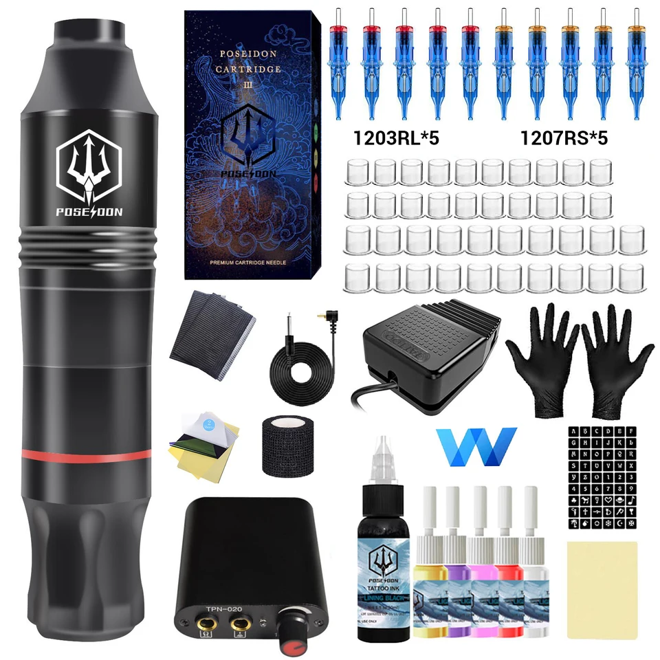 Tattoo Kit Poseidon Black Tattoo Pen Kit pre trvalé make -up tetovacie strojové súpravy Vysoko kvalitné tetovanie napájacie napájacie tetovanie súprava