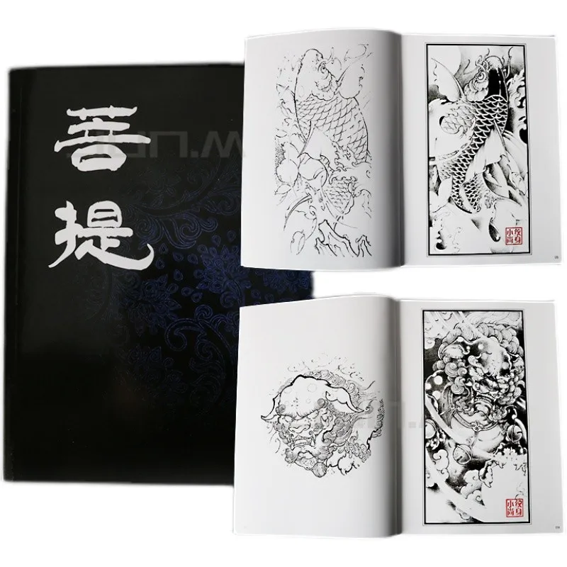 Tattoo Pattern Book Rukopis Bodhi album Guanyin Buddha socha draka kapra čierna šedá skica rukopis tetovania Art