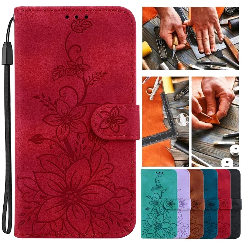 Tašky na peňaženky Flip Cover Flower puzdro pre Samsung Galaxy A16 A06 A05 A15 4G A25 A35 A55 5G A05S Magnetické kožené puzdrá Lily