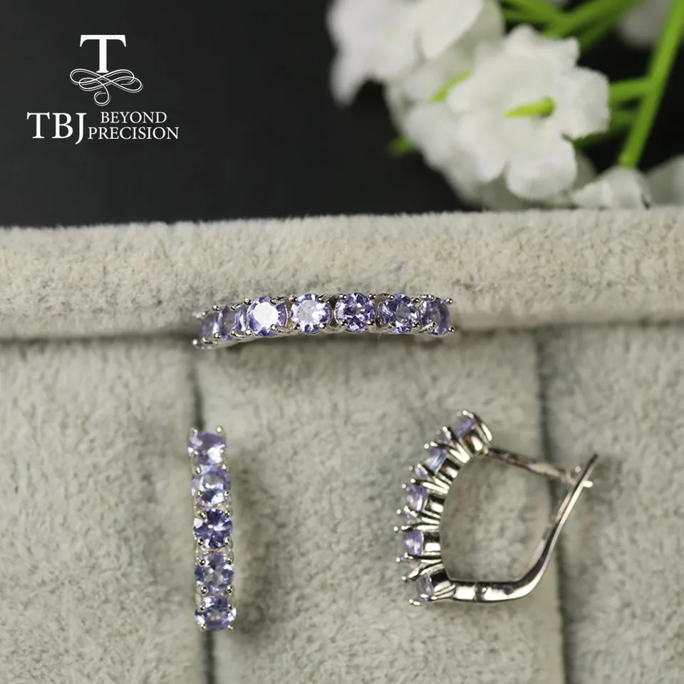TBJ Natural Tanzanit šperky sada malá veľkosť okrúhle 3 mm prsteň náušnice Prírodný modrý tanzanitový prsteň náušnice 925 Sterling Silver