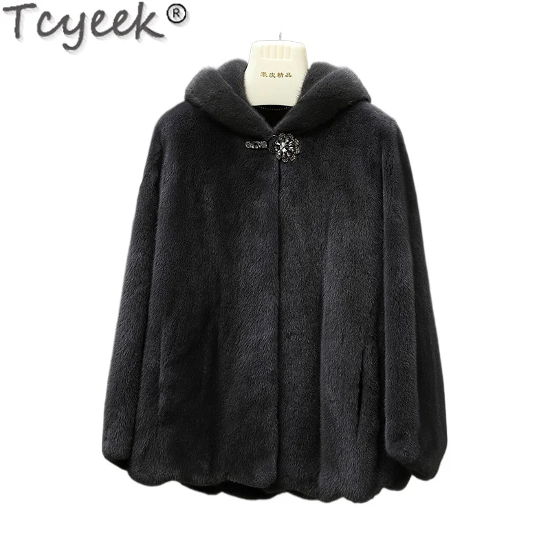Tcyeek Natural Mink kožušina Ženy High-end Skutočné kožušiny s kapucňou celá samica norka kožušina zimné oblečenie štvorkurné femme