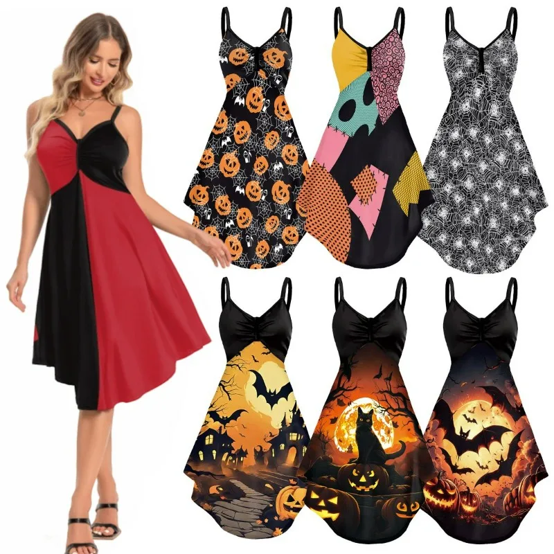 Teanoon Clown Šaty for Woman Halloween kostým Pumpkin netopier čierna mačka šmykľavka šaty luxusné cosplay oblečenie maskova