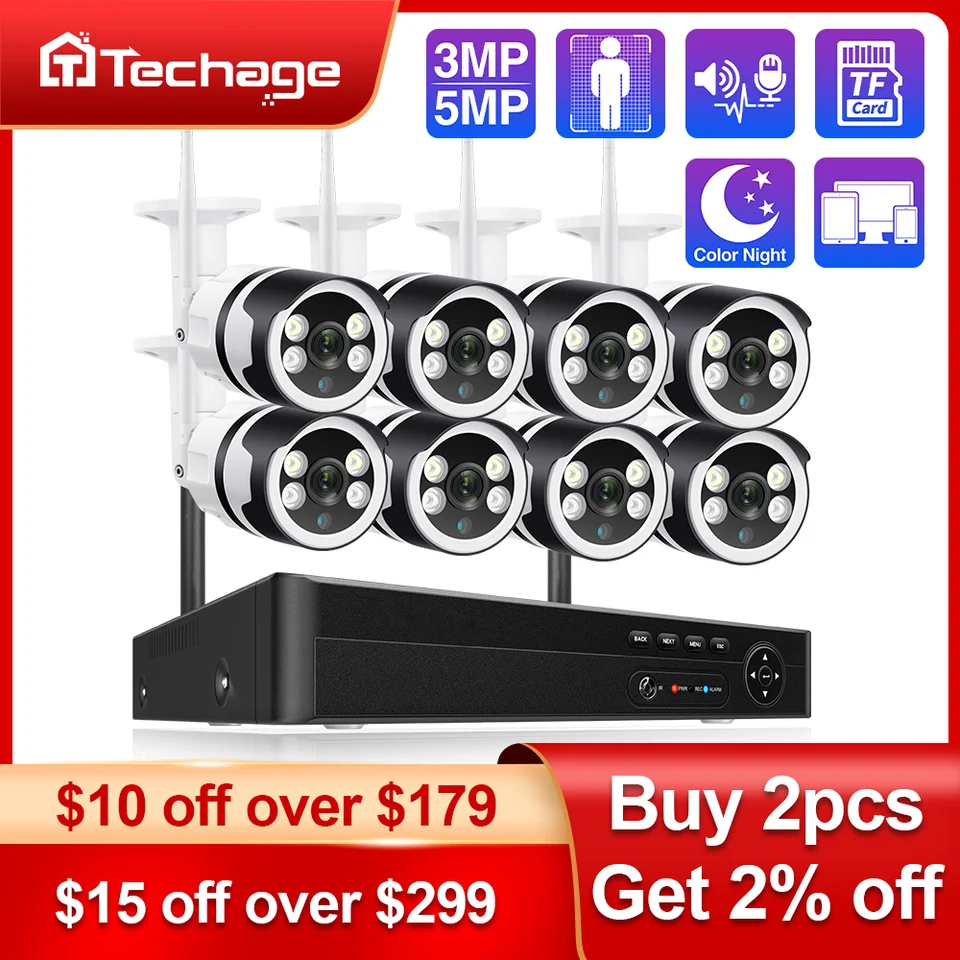 TechAge 8ch 3MP 5MP WiFi IP kamera System H.265 Obojsmerný zvukový ľudský detekovaný kovový kovový CCTV NVR Video Secuveillance Secuste Set
