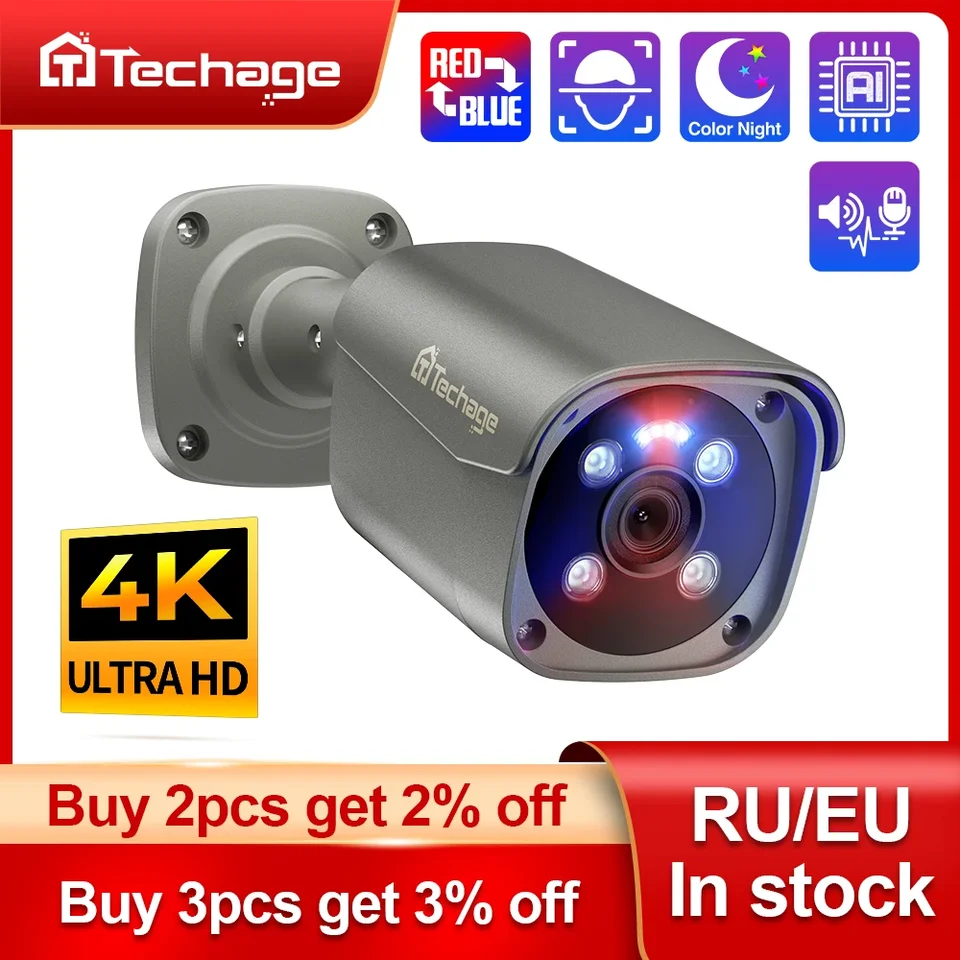 TechAge 8MP Ultra HD 4K Poe AI Camera Outdoor H.265 IP Camera Face detekcia Full Color Night Audio pre sledovací systém