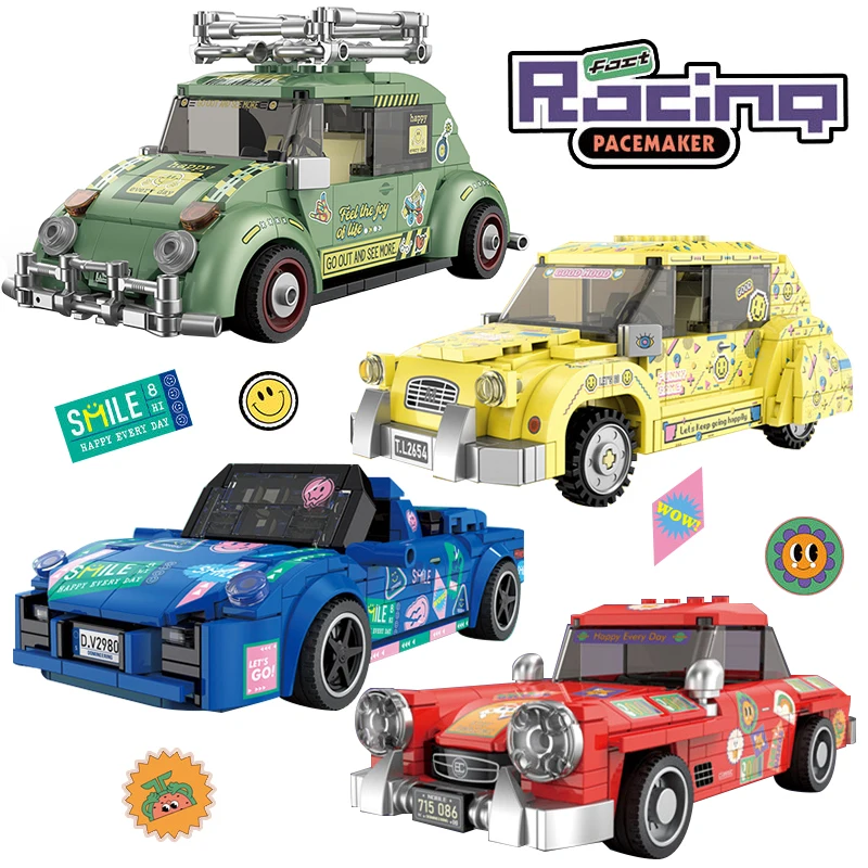 Technická klasická retro chrobáka závodné automobily Building Blocks Speed ​​Champion Doodle Sticker Supercar Zhromaždenie tehál hračky darček chlapci