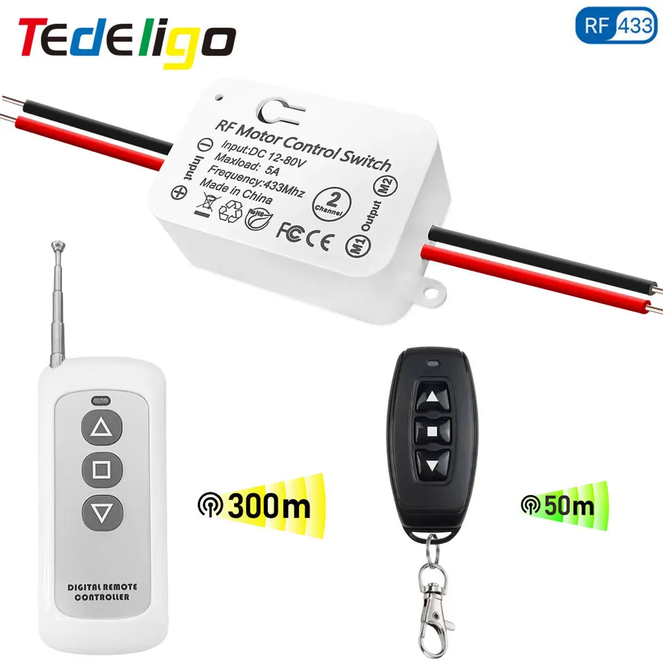 Tedeligo 12V Garážové dvere otvárač motora brány motora diaľkového ovládača, bezdrôtové 433MHz 24V 48V 80V 2CH prijímací modul 300MTransmiter