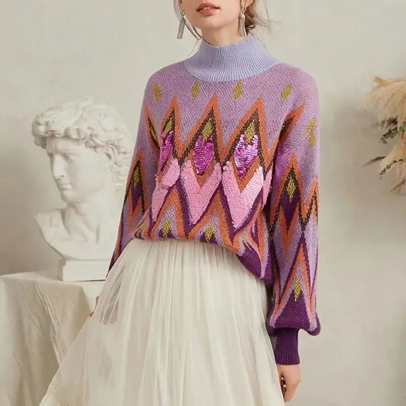 Teelynn Purple flowin vyšívacie lenivé svetre ženy vintage s dlhým rukávom Turtleneck jesenné zimné pletenie