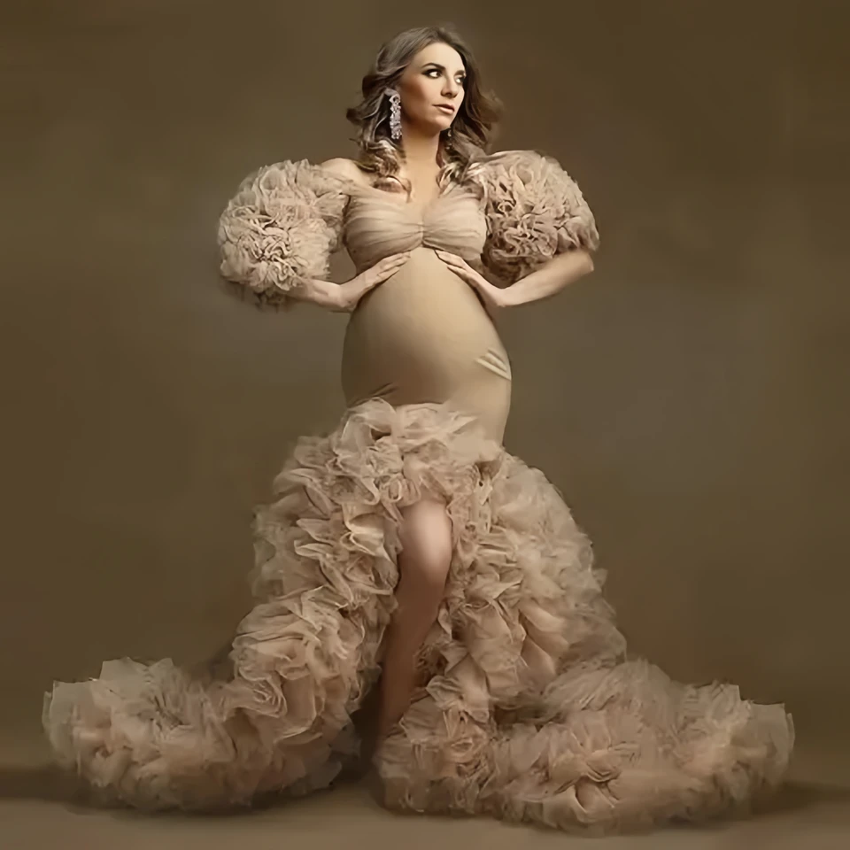 Tehotná panna morská panna materské šaty na fotografiu prešpinené materské rúcho fotografické šaty šaty Ženy Puffy Ruched Prop Prispôsobené