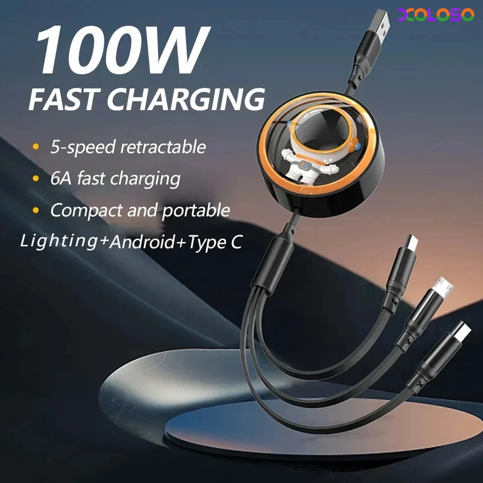Teleskopický 3 v 1 dátový kábel super rýchle nabíjanie 100 W pre iPhone 14 Micro USB Type C kábel pre Huawei Sumsung Xiaomi Oppo Vivo