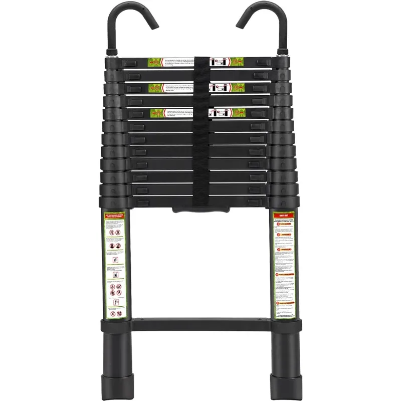 Teleskopický rebrík, 12,5/16,5 ft Rikade Hliníkový teleskopický rebrík s nekĺzavým nohami a stabilným háčikom, prenosný predlžovací rebrík