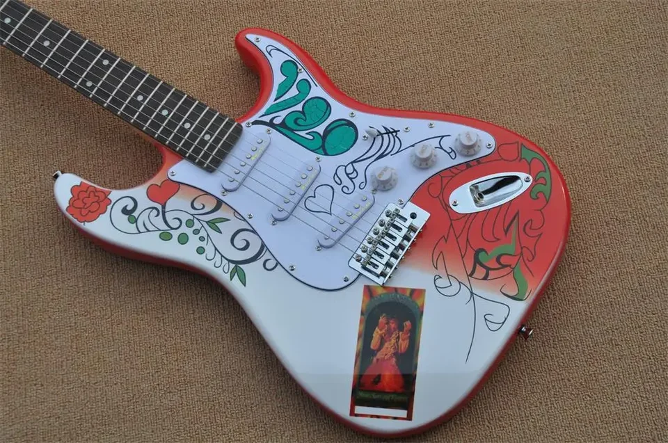 Telo gitary s kvetinovým vzorom ružové drevené hmatníky Pocta Hendrix fotografie v sklade 331