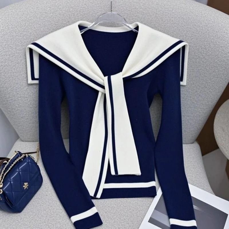 Temperament móda jesenné zimné svetre Ženy Sailor Contrat Contras Color Patchwork s dlhým rukávom voľné pulvovery pletené top