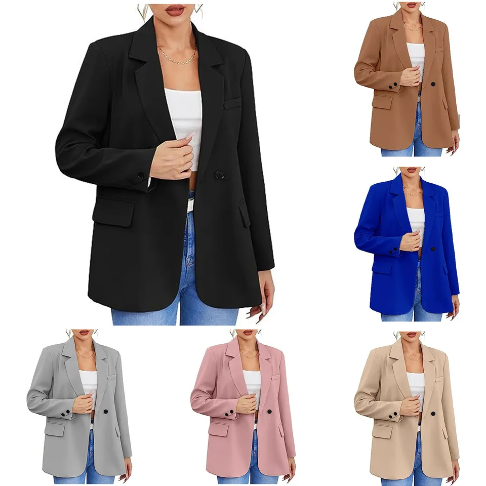 Temperament ženy vyhovuje uvoľnenému prispôsobeniu otáčanie obojkov Dvojité tlačidlá s pevným farebným bundám Outwear Office Lady Workwear Workwear Blazer