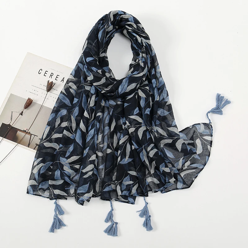 Temperamenta Tassel šál šál Wrap Women Women Cotton Viskose Stoles Leaf tlač