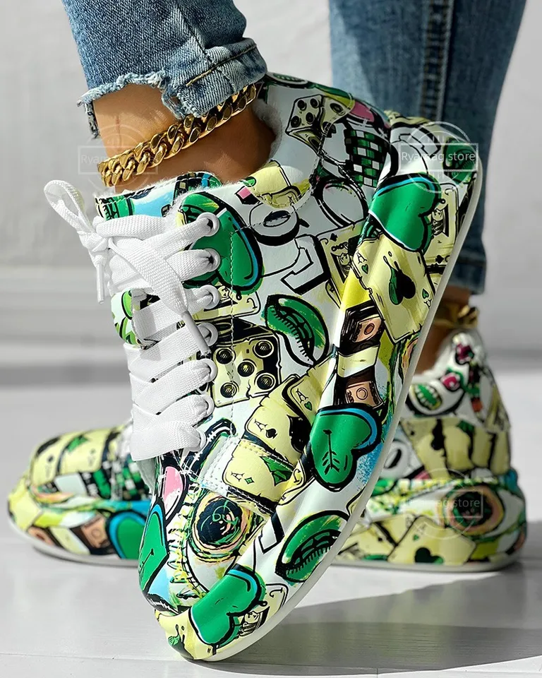 Tenisky Dámsky kreslený grafický list šnurovanie šnurované robustné tenisky platformy graffiti topánky klasické tréneri streetwear Zapatos