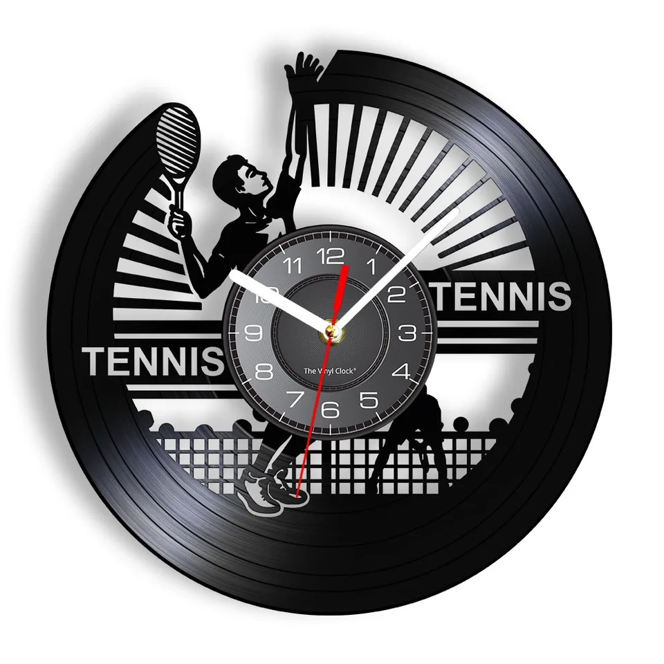 Tenisový nástenný hodiny Tennis Player Silhouette Vinyl Record Wall Hodiny Vinobranie športová téma Raketa Domáca dekorácia Tennis Lover Darček nápad