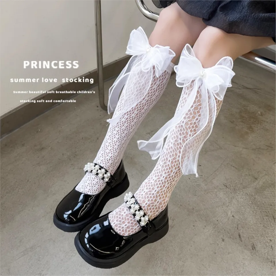 Tenké pančuchy dievčat Lolita Bow v letných čipkovaných pančuchách japonské princezné Straight Calf ponožky