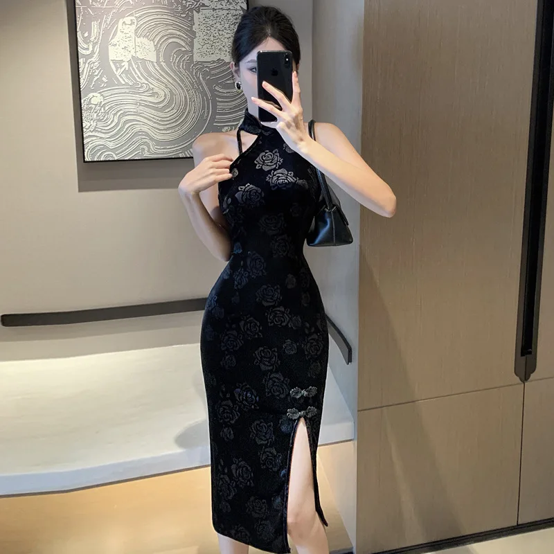 Tenký bez rukávov bez rukávov cheongsam kvetina čínske šaty Sexy rozdelené vestidos lady Jeseň zima qipao ženy elegantné cheongsams
