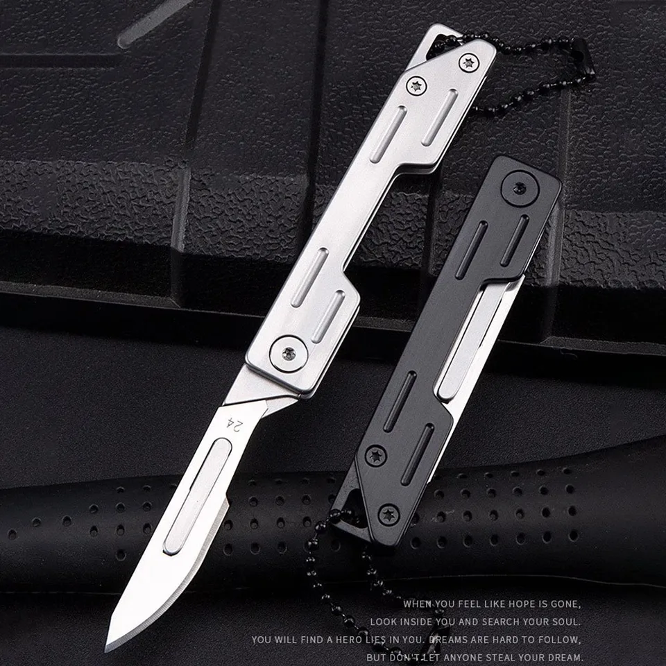 Tenký skladací vreckový nôž skalpelu pre mužov Small Keychain Utility Nôž s 10ks #24 Vymeniteľným čepeľou EDC Outdoor Razor Razor Nože