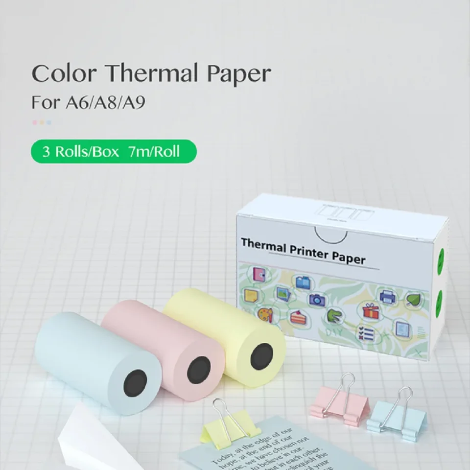Tepelný papier Self-spadný nálepkový papier pre mini tepelnú vreckovú tlač Pink/modrá/žltá 3 rolky pre texty poznámky Journal Photo