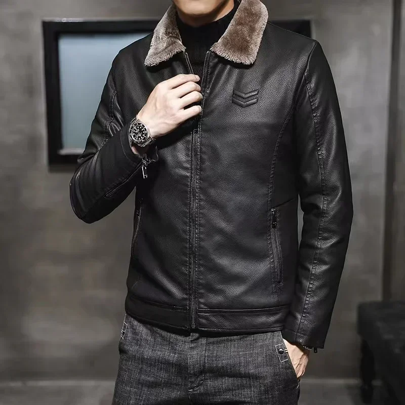 Teplá bunda Pánske luxusné odevy značky Coat Men Fashion hnedá kožená bunda Pánsky zimný faux kožušinový golier vetru odolný