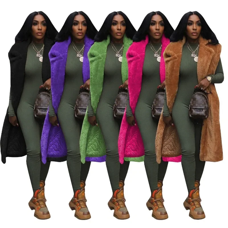 Teplá zima hrubá plyšová bez rukávov dlhá bunda Dámska móda otáčajte golier otvorený steh všetky zápasy Príležitostné vesty Coat Streetwear