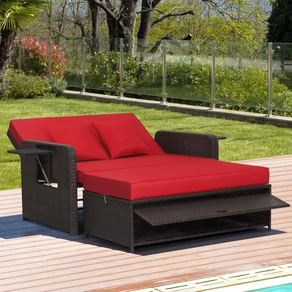 Terasa Rattan Day post, Patioy Wicker Lovesat Sofa W/viacúčelová osmanská a zatiahnuteľná bočná podnos, 4-úroveň nastaviteľná B