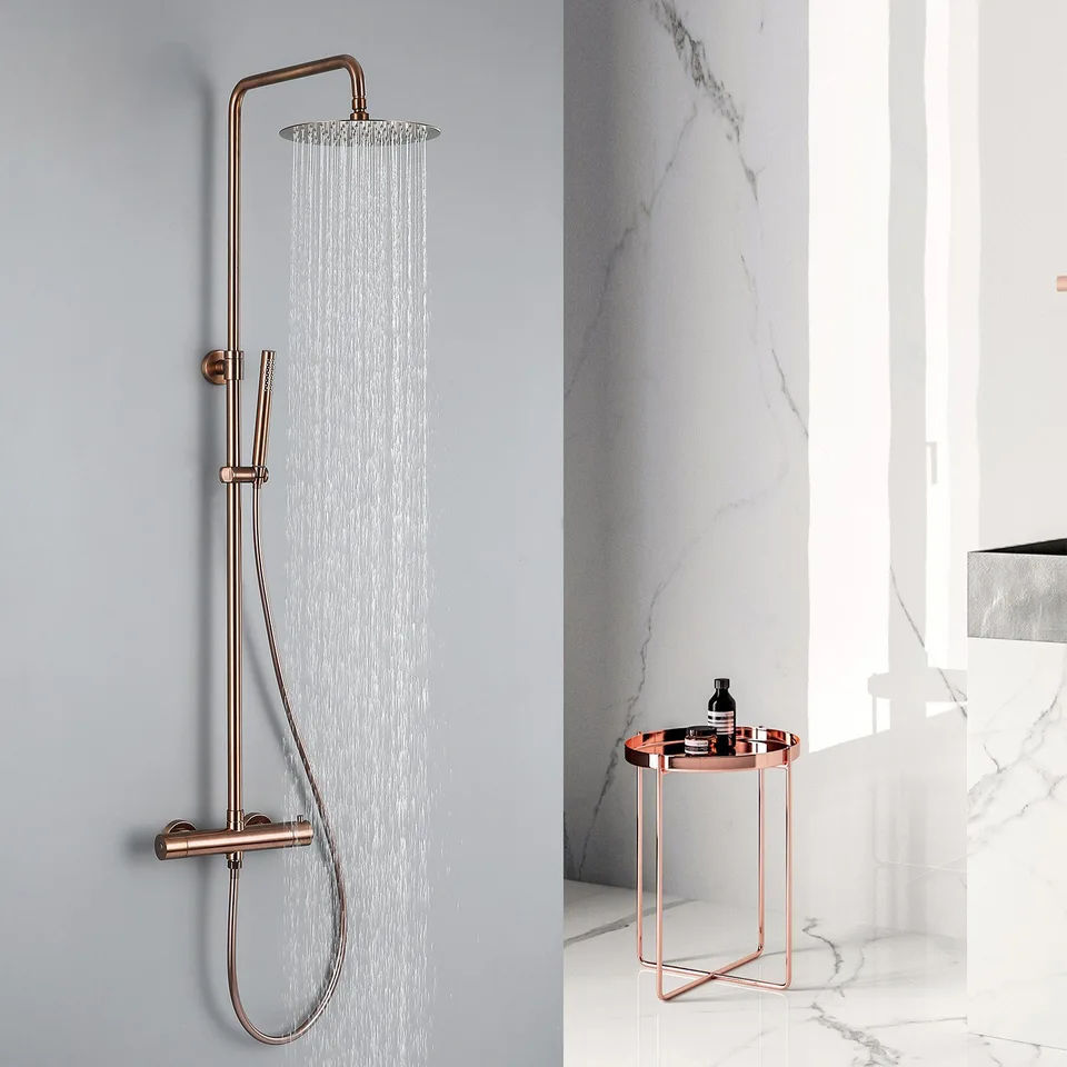 Termostatická sprchová súprava Brushed Gold Faucet Mosadz Teplota Kúpeľňa Mixér Tap Dažďová hlava na stenu, ručný postrekovač