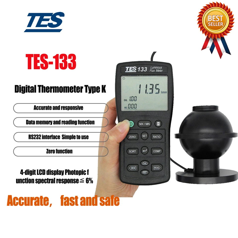 TES-133 vreckový svetelný tok meter tester Light a presný rozsah odozvy 7000 lúmenov RS232,4-ciferné LCD čítanie LCD.
