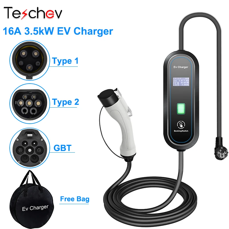 Teschev 3,5KW 16A EV Prenosná nabíjačka typu2 EVSE Wallbox GBT Electric Car Charger J1772 Nabíjací adaptér typu1 typu1