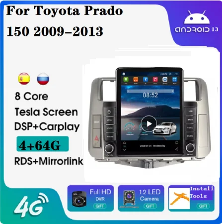 Tesla Android 11 8+128g CarPlay Car Radio pre Toyota Prado 150 2009-2013 GPS BT ADAS DVR 360 Automatický zvukový systém fotoaparátu