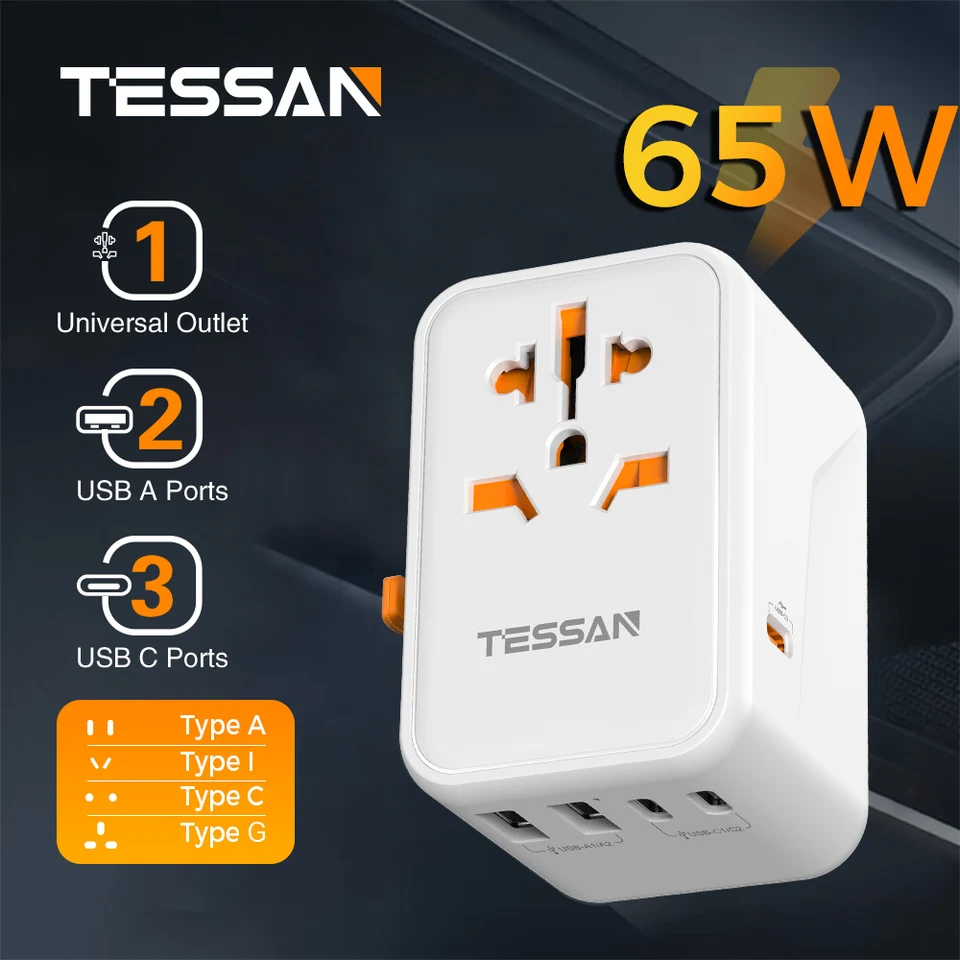 Tessan cestovný adaptér Universal Socket s USB a typ C Rýchle nabíjanie adaptéra EÚ/UK/USA/AUS
