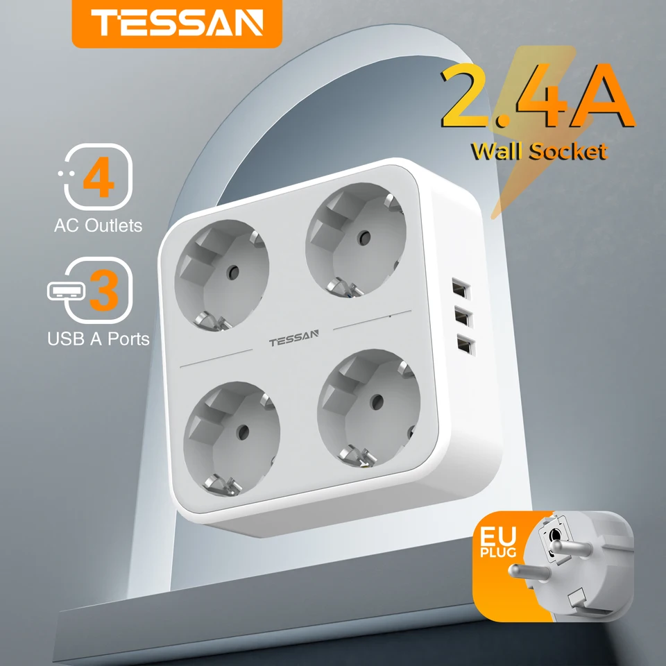 Tessan Viacnásobná zásuvka Skladací prúžok so 4 výstupmi AC a 3 USB porty 7 v 1 Ochrana preťaženia adaptéra pre domácu kanceláriu