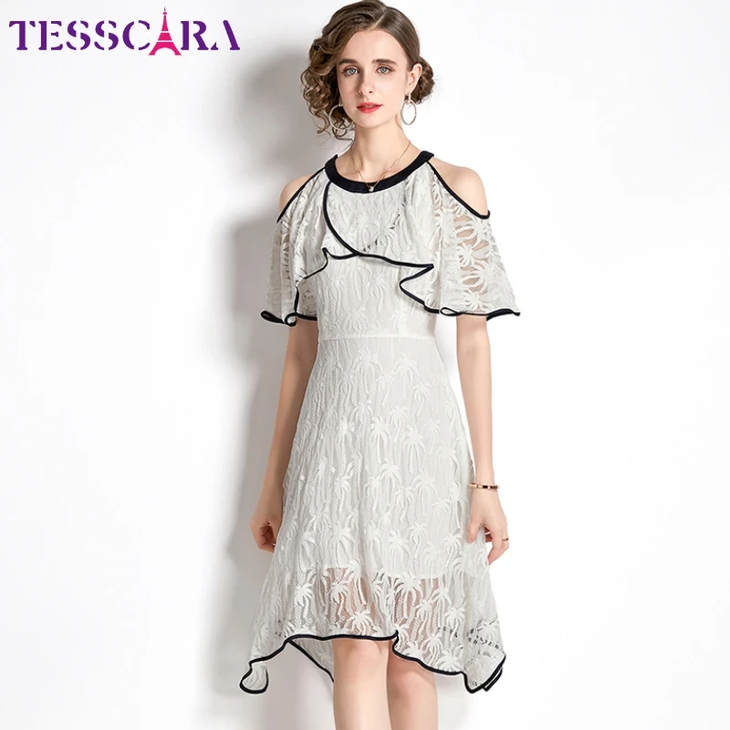 Tesscara Ženy letné elegantné čipky Šaty Vysoko kvalitné svadobné kokteilové večierky rúcho vintage dizajnér dizajnéra bieleho A-line Vestidos