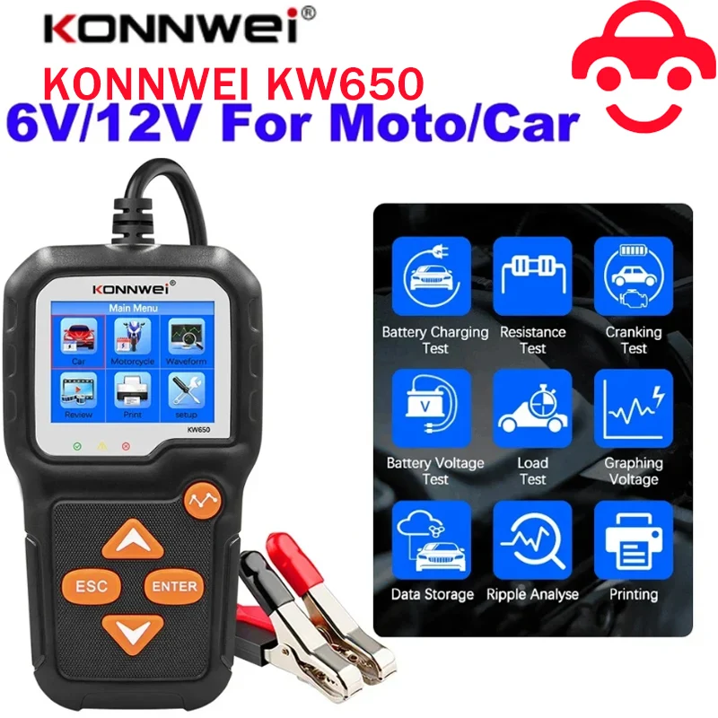 Tester batérií spoločnosti Konnwei KW650 KW218 6V 12V Motocykel Auto analyzátor 100-2000CCA Car Moto Cranking Test Test nástroj PK KW510