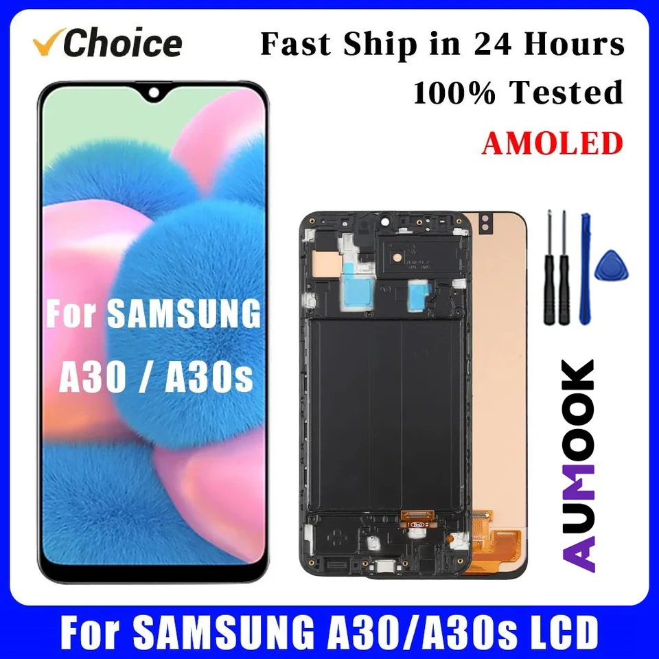 Testovaný displej AMOLED na zostavu dotykovej obrazovky Samsung A30 LCD pre zostavu Samsung A30S A305 A307 s displejom LCD Frame LCD