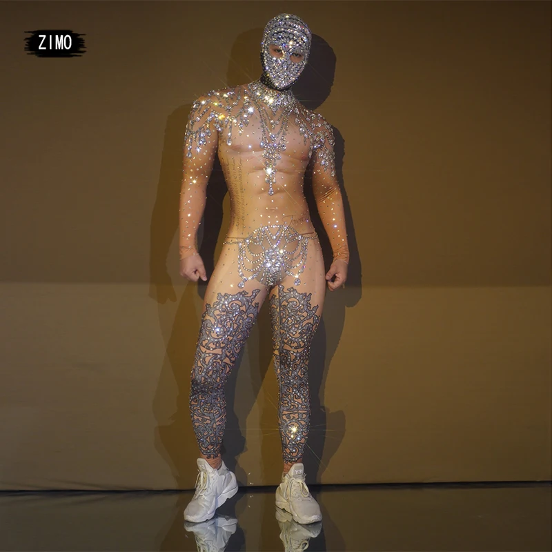tetovanie svalového muža BodySuit Muž hosť Gogo Sexy DS móla iskry krištáľová kombinéza Sucksuit kamienok tanečný kostým rave festival