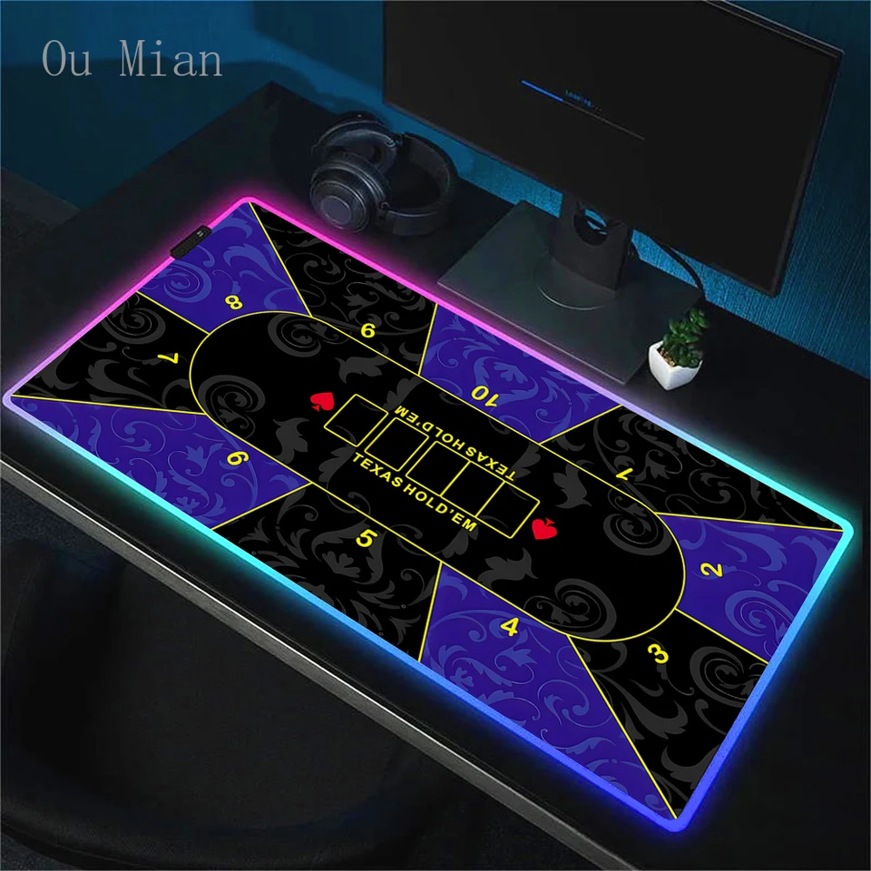 Texas Poker Mouse Pad Gamer RGB Big Mousepepad Nastavenie hry Gaming Accessories Veľký stôl Mat zadné svetlo podsvietenie Deskmat MousePad XXL