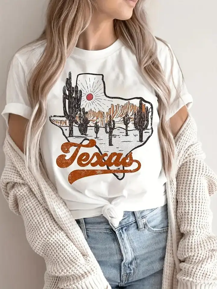 Texas Print Crew Neck T-Shirt Dámske tričko letné priedušné tričko ulice odevy oblečenie príležitostné športové chladné tričká