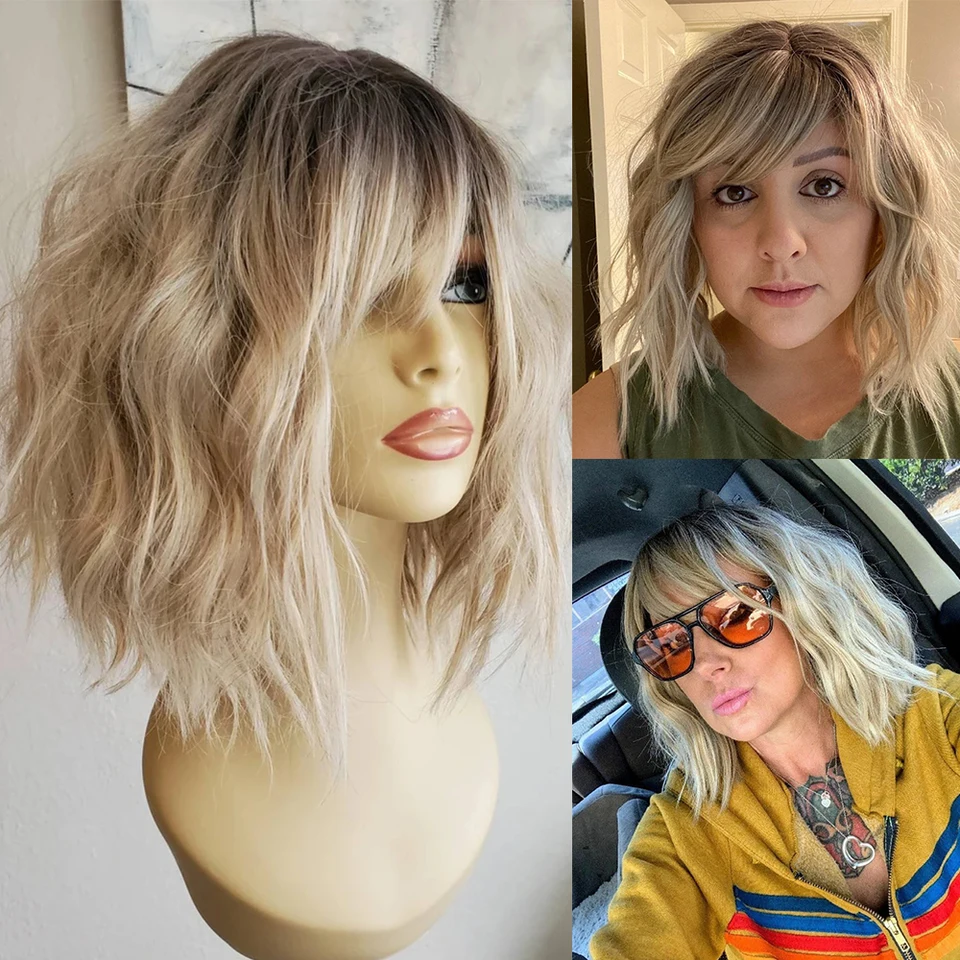 Textúrovaná dĺžka ramena blond blon bob parochňa s treskami Syntetické vlasy zakorenené blondínka vlnitá bob