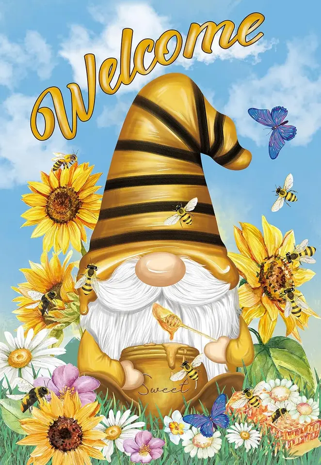 Texupday Vitajte Honey Sunflower Gnome Garden Flag 12 